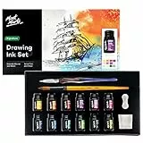 Mont Marte Kalligraphie Set 16-teilig – Federhalter mit Feder und Tusche – Enthält 12 x 7ml Tuschefarben, Glasfeder, Pinsel, Federauflage, Behälter