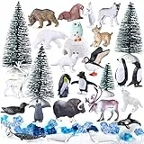 SIENON 60 Stück Arktis-Tier-Spielzeug-Set enthält 23 Stück Mini-Polartiere mit Eisbär, Pinguin, Karibu, Luchs, Iglu, 4 Stück Tannenbaum, 32 Stück gefälschte Eisfelsen für Schulprojekt-Kuchendekoration