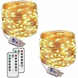 Augone 2 Stück LED Lichterkette mit 120 LEDs, 12M 8 Modi, USB-Stecker, wasserdicht, Kupfer-Lichterkette mit Fernbedienung, Timer für Schlafzimmer, Party, Hochzeit, Weihnachten (warmweiß)