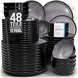 Steingut Geschirrset 12 Pers. Ibiza 48-tlg Hochwertiges Mediterranes Steingut Geschirr Set - Schüssel- und Teller Set - Tafelservice 12 Personen Geschirrsets Pure Living in Grau