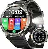 IOWODO Smartwatch Herren Militär Anruf Annehmen/Tätigen, 1.45'' HD Touchscreen Fitnessuhr mit Taschenlampe, 120+ Sportmodi, IP68 Wasserdicht, Kompass, Geschenk Geflochtenes Uhrenarmband