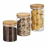 Relaxdays Vorratsdosen Glas, 3er Set, Größen 500, 700, 1000 ml, für Pasta, Reis, Müsli, Kaffee, D 9,5 cm, , natur, 18 x 9.5 x 9.5 cm, Transparent, Hellbraun