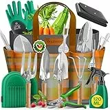 KESSER® Gartenwerkzeug Set 10-teilig mit ergonomischen Holzgriffen inkl. wasserdichte Tasche aus 600D Oxford-Material, Knieschoner, Pflanzmatte, Sprühflasche, Gartenschere, Handschuhe für Gartenarbeit