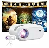 Mini Beamer mit Stativ 1080p mit WiFi Bluetooth Tragbarer Projektor, kompatibel mit HDMI, Smartphone, USB, TV-Stick, Heimkino, Schlafzimmer-Projektor, weiß