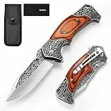 Omesio Klappmesser M-XY, Taschenmesser Klingenlänge 9,5 cm 420C-Stah, EDC Messer Holzgriff mit Taschenclip und Nylon-Tasche, ideal für Outdoor, Camping, Wandern & Geschenk, Rot.