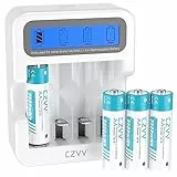 czvv Wiederaufladbare Batterien AA Lithium 1,5V - Hoher Kapazität 3500mWh - 1300 Ladezyklen - 4 Stück Akkus mit LCD-Anzeige Ladegerät, 2 Stunden Schnellladung, Geringe Selbstentladung(weiß)