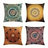 Kissenbezug 4er Set, Buntes Mandala 40x40cm Kissenbezüge Leinen Sofakissen mit Reissverschluss, Quadratisch Kissenhülle Wohnzimmer, Zierkissenbezüge für Sofa Zuhause Outdoor Garten Dekoration 594