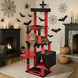 BYBYME Gothic-Kratzbaum für Halloween, 168 cm hohes und stabiles Katzenmöbel-Set mit Katzenbett Katzenhaus, Kratzbrett multifunktionaler Katzenspielturm mit Hängematte (Schwarz Rot)
