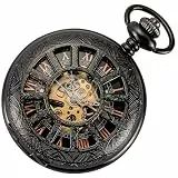 ManChDa Taschenuhr - Taschenuhr mit Kette Mechanisch Skelett Antik Steampunk Vintage 12-Kleines-Fenster Hohl Fall Fob Uhr für Herren | Schwarz Roségold römische Ziffern