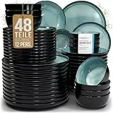 Steingut Geschirrset 12 Pers. Ibiza 48-tlg Hochwertiges Mediterranes Steingut Geschirr Set - Schüssel- und Teller Set - Tafelservice 12 Personen Geschirrsets Pure Living in Petrol