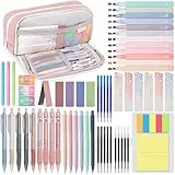 DazSpirit 61 Stück Schulzubehör mit Mäppchen, 12 Textmarker Pastell, 4 Radierbarer Stifte, 5 Gel Stifte, 6 Druckbleistifte, Back To School Stuff, Office Essentials, Schreibwaren Set für Schüler (Rosa)