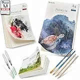 CreaTek Aquarellpapier Set im Format DIN A4 + A5 + A6 [ Premium Qualität für brillante Aquarelle ] Naturweiße & Kaltgepresste Aquarellblöcke zum Vorteilspreis | Aquarell Papier, Aquarell Malblock