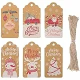 Koogel Weihnachten Geschenkanhänger, 120 Stück Kraftpapier Etiketten mit 1 Rolle Schnur für Weihnachten Dekoration Geschenkverpackung 4 x 8 cm