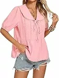 Kate Kasin Damen Peter Pan Kragen Top Casual 1/2 Ärmel V-Ausschnitt Pullover Shirt Elastische Manschetten Krawatte Vorne Rosa XL