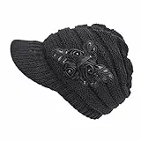FSSTUD Damen Winter Warme Gestrickte Strickmütze Strick Beanie Mütze mit Schild Cap Schwarz