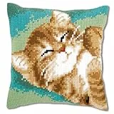 VERVACO Kreuzstich Stickpackungen Kissen Stickerei Set Anfänger Vorgedruckt Katze DIY Set Kreativ Set Für Erwachsene Dekoratives Kissen ca. 40 x 40 cm Bastelset Handwerker Haus Dekoration