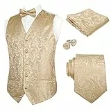 Alizeal Herren Weste Krawatte Hanky Manschettenknöpfe und Fliege Set Paisley Classic 5pc, Champagner-XL