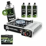 CAMPLORA Gaskocher + 4 Gaskartuschen + Tragekoffer mit Piezozündung - Campingkocher 2,2 kW - inkl. Sicherheitsabschaltung - Gaskocher Camping, Camping Kocher 1 flammig MSF-1a