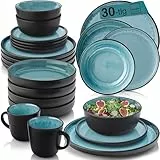 SÄNGER Granada | Kombiservice 6 Personen, Teller Set Kaffeebecher Pastaschale 30 tlg Steingut Geschirr Set spülmaschinen- mikrowellen- kratzfest, Geschirrset blau mit schwarzem Rand | VALUE COLLECTION