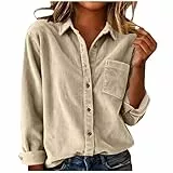 AACH Bluse Damen Baumwolle Cordbluse Einfarbig Revers Hemdbluse Casual Knopfleiste Langarmshirt Winter Frühling Cordjacke mit Taschen Blusen Vintage Elegante Blusenshirt Mode Sweatshirt