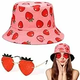 FuxFuis Anglerhut Fischerhut und Erdbeerbrille, Tuch Fischerhüte Rosa Anglerhut Kinder Damen Fischer Hut Kreative Party Hüte Lustig Anglerhut Unisex Sonnenhut für Partys Karneval Bühnenauftritte