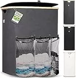Hennez Wäschebox 150L - Wäschekorb 3 Fächer 60 cm Breit, Deckel - Wäschesortierer mit Wäschesack - Laundry Baskets - Wäschetonne - Wäsche Sortiersystem - Wäschesammler - Washing Basket - Grau Bambus