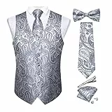 DiBanGu Herren-Set aus Seide, Paisleymuster, Weste und Krawatte, vorgebundene Fliege, formelle Weste für Hochzeit, Party, 6 Stück, silber, X-Large