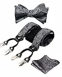 Alizeal Herren verstellbare Blumen Paisley selbst gebundene Fliege, Einstecktuch und elastische Y-Form 6 Clips Hosenträger Set, grau