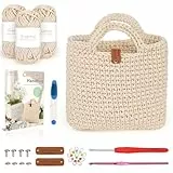 Coopay Häkelset für Anfänger, Häkelset Tasche mit Häkelnadel 4,5mm, Anleitung, 5mm Dicke Wolle zum Häkeln Kleine Handtasche, Kreative Geschenke für Töchter, Familie und Freunde - Beige