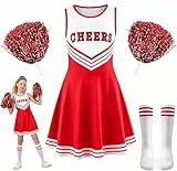 Cheerleader Kostüm Kinder,Cheerleader Pompoms,Cheerleadering Outfit Mädchen mit Pompons,Socken,Cheerleadering Outfit,für Verkleidung Karneval Party Cosplay Halloween,8-9 Jahre,BlauTag 140 (rot)