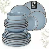 Steingut Geschirrset 6 Personen, vancasso LOIRE 24tlg Tafelservice 6 Personen Modern Blau, Beinhaltet Schüssel, Suppenteller, Dessertteller und Speiseteller, Mikrowellenfest und Spülmaschinenfest