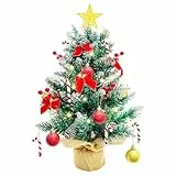 Weihnachtsbaum mit Beleuchtung und Schnee 60cm, Künstliche Weihnachtsbäume Geschmückt, Tannenbaum Lichterkette Deko mit Weihnachtskugel Tannenzapfen Christbaumspitze Stern Weihnachtsdeko DIY Tischdeko