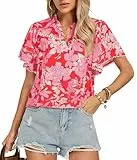 Damen Hemd V-Ausschnitt Henley Shirt Blumen Top Lässige Elegante Bluse Rot XL