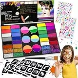 Gigmeta Kinderschminke Set - 44 Gesichtsfarben Kinderschminken Set inkl. professionellen Pinsel, 4 Schablonen, 2 Diamant-Sticker - Ideal für Halloween, Theater & Bodypainting