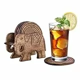 Divit Coasters 6er -Set handgefertigter Getränke-Untersetzer aus Holz: umweltfreundlich, saugfähig, mit antiker Optik. (Elephant)