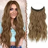 FESHFEN Secrets Haare Extensions Lange Gewellt Haarverlängerung Invisible Secret Haarextension Synthetik Hair Unsichtbarem Haarteile für Frauen Goldbraun Gemischt 50 cm
