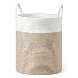 SONGMICS Wäschekorb, Wäschesammler für Kinder, Aufbewahrungskorb, Baumwollseil, mit Henkel, für Decken, Kuscheltier Aufbewahrung, Schlafzimmer, Kinderzimmer, 60 L, weiß-graubraun RLH061LZ01