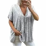 KODMNSW Glitzer Oberteile Damen Große Größen Elegant V Ausschnitt Pailletten Oberteil Lockere Passform Party Club Bluse Festliche Kleidung Glitzeroberteil 70er Jahre Outfit Silber 3XL