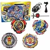 Desamvap Bey Brust Kampfkreisel Set, 4 Metal Fusion Battling Tops 2 L/R Two Way Starters mit Launcher Griff Combat Battling Tops Set with Arena Geschenk für Kinder