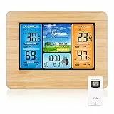 ONEVER Wetterstation kabellos mit digitaler Farbvorhersage mit Alarm und Temperatur/Feuchtigkeit/Barometer/Alarm/Monduhr/Wetteruhr mit Außensensor