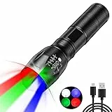 POCKETMAN Zoombar LED Taschenlampe 4 Farben in Einer(Rot,Weiß,Grün,Blau),Extreme Helle Handlampe Wiederaufladbar,4 Modi,Multifunktionale für Outdoor,Astronomie,Nachtsicht,Wandern