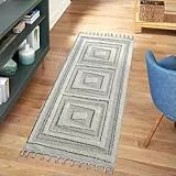 carpet city Teppich Läufer Boho Flur - Graublau, Creme - 80x300 cm - Bordüre - Relief-Optik, 3D-Effekt - Cut-&Loop, Sisal - Moderne Fransen-Teppiche Schlafzimmer