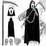 Herenear Scream Kostüm Erwachsene, Halloween Sensenmann Kostüm Set, Ghostface costume mit Ghost Maske, Handschuhen, Sense, Ketten, Halloween Karneval Horror Outfit für Herren Damen