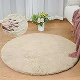 ORINOVA Teppich Beige Rund Flauschig 90 cm Kunstfell Runder Teppich Schlafzimmer Fellteppich Wohnzimmer Kinderzimmer Klein Deko Kuschelig Waschbar
