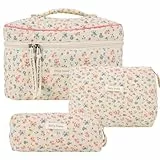 CHAMAIR Kosmetiktasche, 3-teilig, gesteppt, Kosmetiktasche, groß, Kosmetiktasche, ästhetisches Blumenmuster, Kulturbeutel, Baumwolle, Reise-Hautpflege-Tasche für Damen, Mädchen, Stil B92,