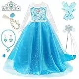 Timesun Kostüm Mädchen Prinzessin Karneval Cosplay Kleider Eisprinzessin Set aus Diadem, Handschuhe, Zauberstab, Perücke,Halskette,Ohrringe,Ringe（Blau und weiß,110）