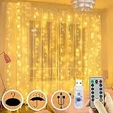 LED Lichtervorhang ,300 LEDs 3x3m USB wasserdichter Vorhang Lichterkette，Ferngesteuerte Lichtkette mit 8 Beleuchtungsmodi für Vorhänge, zimmer, Terrassenrasen, Hochzeit, Party, Weihnachten（Warmweiß）