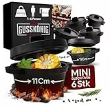GUSSKÖNIG Dutch Oven Set Mini - 6x 300ml Gusseisen Mini Topf mit Deckel - bereits eingebrannter Mini Dutch Oven - Mini Cocotte Gusseisen Servierpfännchen - inkl. Rezeptbuch & Anleitung