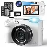 LAMA Digitalkamera 5K 75MP Dual Lens Digitalkamera, Autofokus Vlogging Kamera mit 32G SD-Karte, Kompaktkameras mit 3,0-Zoll-Bildschirm, 18X Digitalzoom Kameras Fotokamera für Anfänger, Weiß