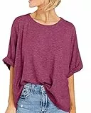 GeGekoko Damen T-Shirt Sommer Kurzarm Rundhals Oberteil Locker Frauen Casual Lose Tops Elegant Bluse,Rotwein,XL